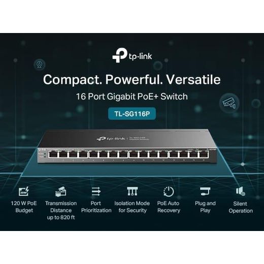 TP Link TP-Link TL-SG116P 16 Port Gigabit PoE Switch 16 PoE+ Ports 120W  Plug Play  Extend
