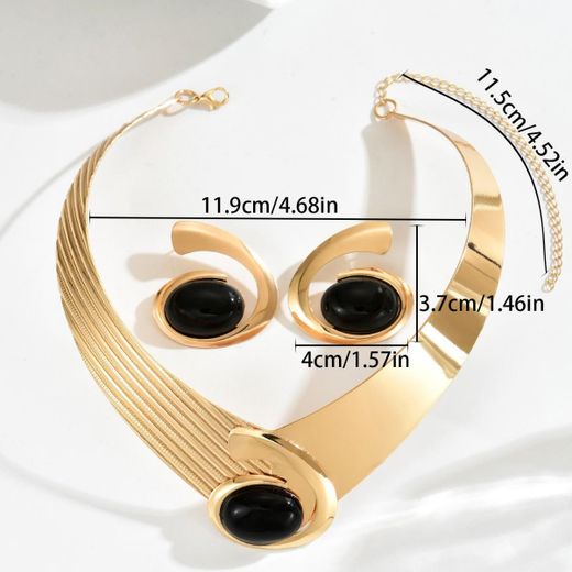 Fashion Vintage Black Oval Gem Inlaid Gold Choker Necklace & Earrings Set Luxury Statement Jewelry for Ladies - image 4