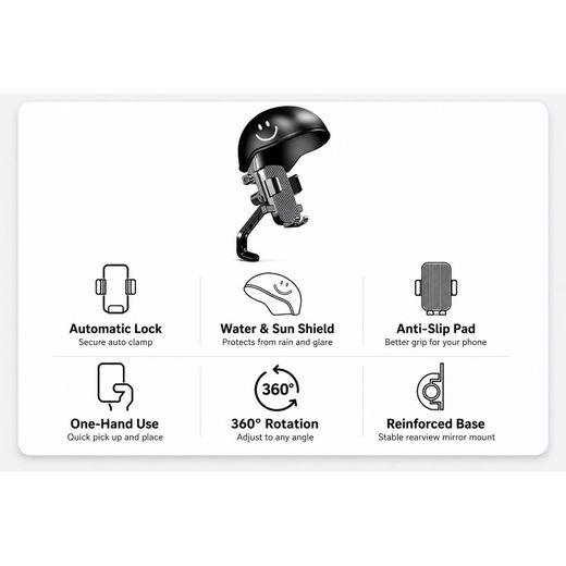 Generic Universal Motorcycle Phone Holder with Sun Visor, 360° Rotatable Handlebar Mount for Scooter, Bicycle and E-Bike, Fits 4.7–7.2 Inch Phones and 17–35mm Handlebars, Black - image 2