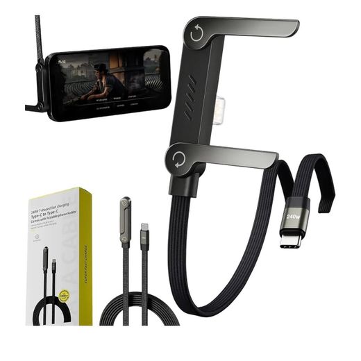 Generic New Sideways Phone Charger ( Type-C to Type-C ) - 240W Braided Fast Charge Cable with Built-in Phone Stand, 2-in-1 Invisible Holder Charger Cable for iPhone, for Samsung and USB-C Devices ( Type-C to Type-C ) - image 2