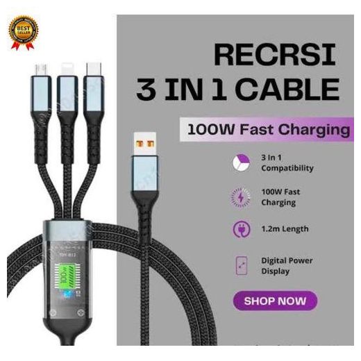 Recrsi   USB Cable 3 in 1 With Display -HundredFast Charging Cable - ( Compatible For All Mobile Phones )