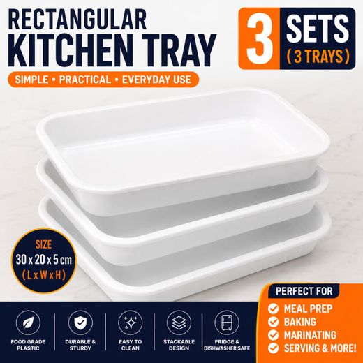 Generic 3-Piece Rectangular Multi-Purpose Kitchen Tray Set – White Plastic Food Storage & Serving Tray (30 x 20 x 5cm)