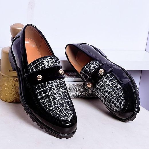 Men's Black Patent Leather Glitter Vamp Loafers – Gold Stud Lug Sole Shoes
