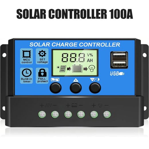 Generic 100A Solar Charge Controller, 12V/24V PWM, Adjustable Parameters, 12 Safety Protections, USB Output, LCD Display, for Solar Panel Battery System RV Home