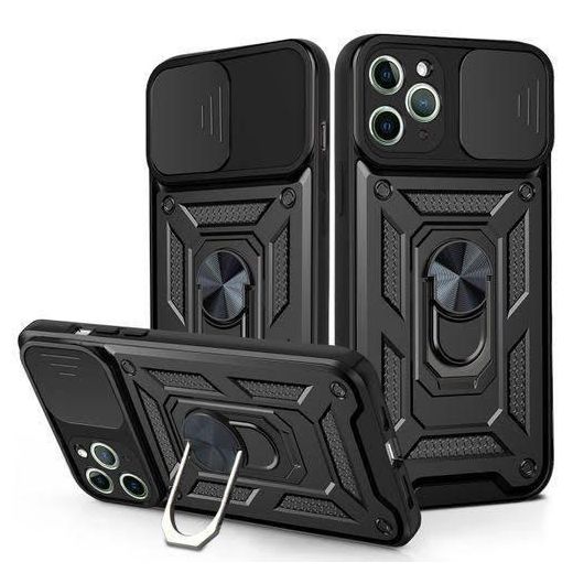 Rugged Armor Protection Case with Slide Camera Cover & Ring Holder Stand for iPhone 16 Pro Max