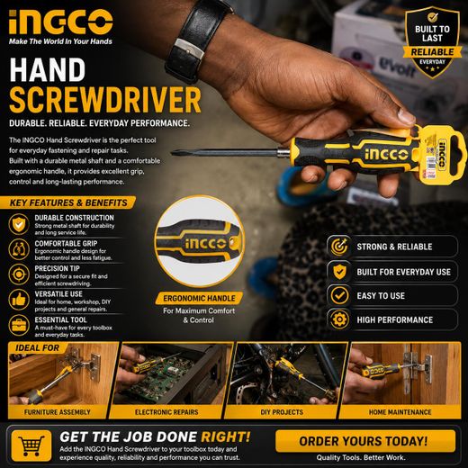 Generic INGCO Hand Screwdriver – Durable Black & Yellow Screwdriver for Home Repairs & DIY
