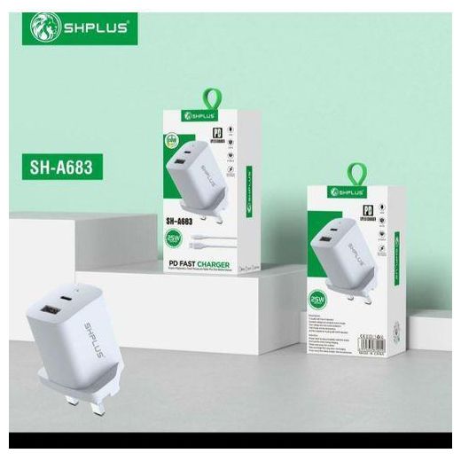 SHPLUS SH-A683 25W PD Fast Charger – Dual Port (USB-C & USB-A) – White - image 2