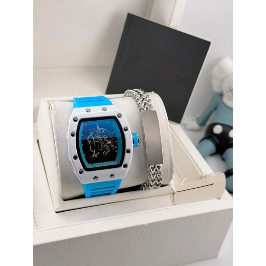 POEDAGAR Original Quality & Super Classy Men's Blue-Sky Silicone Rubber Strap Wristwatch & Hand Chain For Big Boys 