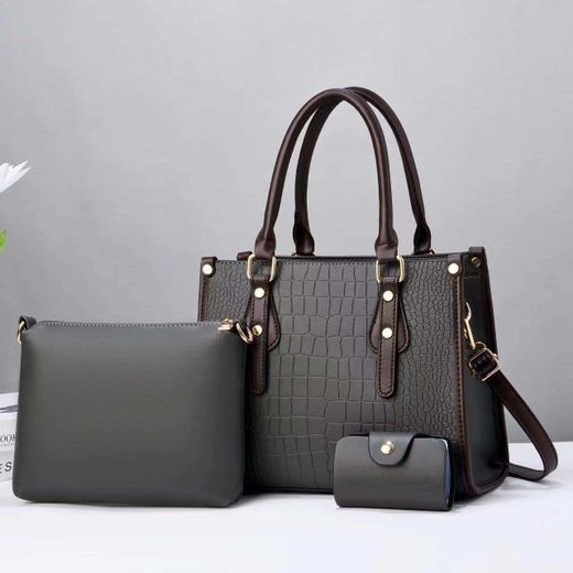 3 PC of Woman Leather Handbag Ladies Bags Set  -Gray