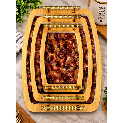 3-in-1 Wooden Rectangular  Serving Decorative Tray Set for Food, Drinks & Snacks