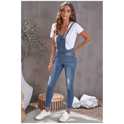 Fashion R Light Blue Distressed Skinny Denim Overall