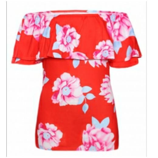 Fashion Baby Red Ruffle Off Shoulder Floral Womens Top