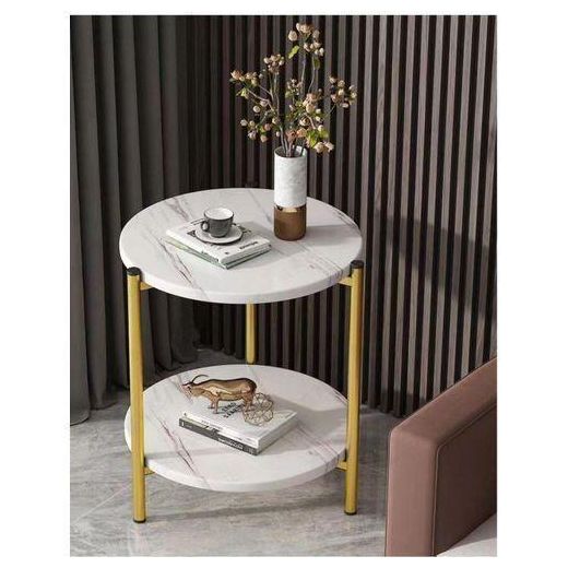 2 Tier Marble Side Table - Modern Round Gold Accent End Table With Storage - Coffee Table / Nightstand For Living Room, Bedroom, Office