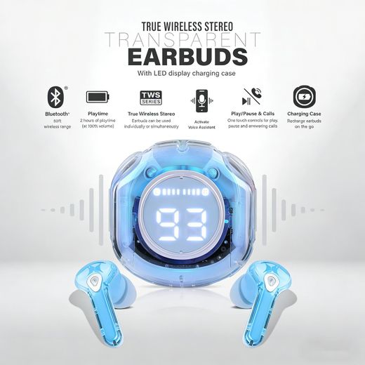 BHW Air39 TWS Wireless Earbuds Transparent Case LED Display - Blue - image 3