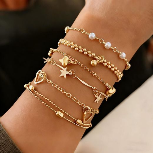 Fashion 6 Pcs/Set Vintage Heart-Shaped And Star-Shaped Bracelet - Creative And Versatile Stylish And Fashionable Women's Hand Jewelry