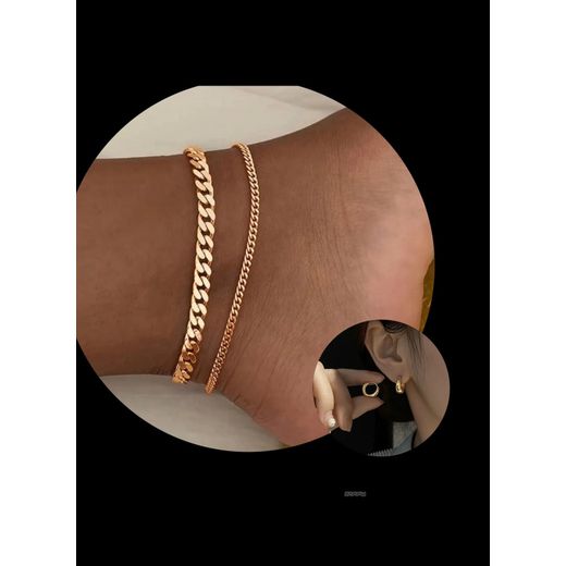 LUXURY 2PC CUBAN LINK GOLD ANKLES LEG CHAIN WITH FRRE HOOP EARRING 