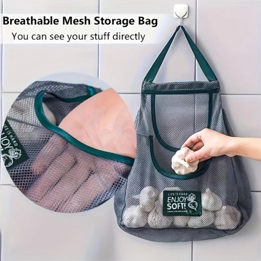ShebSheb 1pc Kitchen Mesh Storage Bag with Handle, Breathable Polyester Organizer for Vegetables & Fruits, Reusable Wall‑Mounted Produce Holder, Easy to Clean - image 2