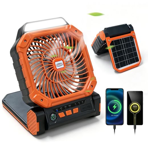 Generic 7800mAh Solar Fan with LED Lantern, 10W Solar Panel Rechargeable Battery Powered with 10W USB Output