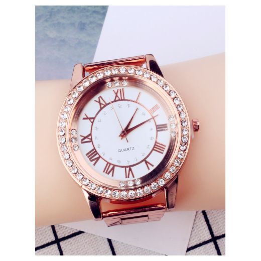 Elegant Studed Ladies Wristwatch With Hand Chain-Rose Gold