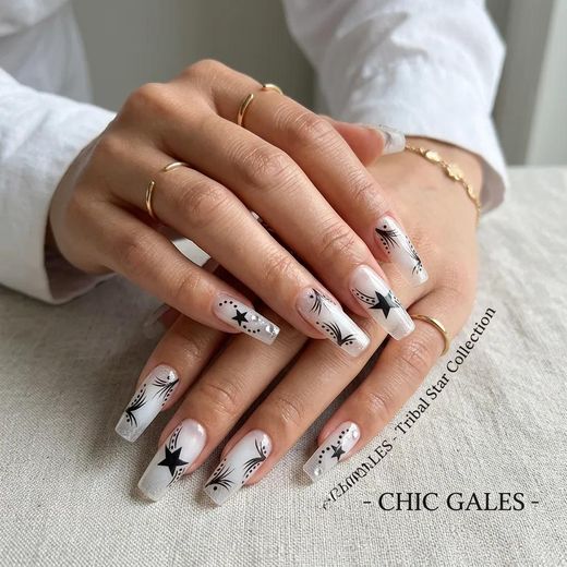 Baolihua 24Pcs Wearing Nails Long Transparent Press On Nails With Black Star & Rhinestone Design - Removable Nails For Women