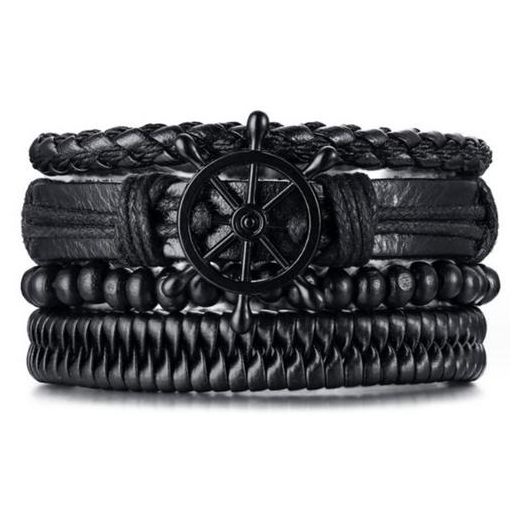 Fashion Men’s Leather & Beaded Bracelet Set – 4pcs Adjustable Wristbands with Anchor Design
