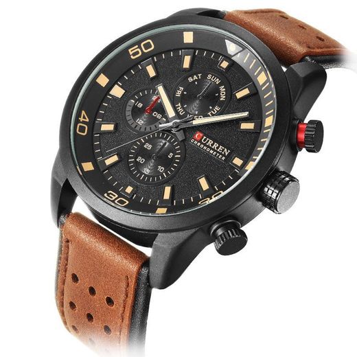 Curren Men's Sports Quartz Watch Multi-function Chronograph Day-Date 50M Water Resistant Brown Leather Strap Casual Business Wristwatch - Black/Brown - image 2