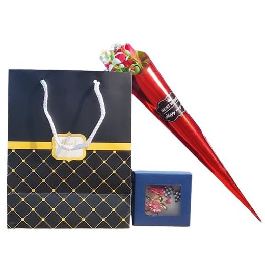 Fashion 4-in-1 GIFT SET: ENAMEL DAISY BROOCH PIN & A PAIR OF HEART-SHAPED EARRINGS IN A JEWELRY BOX + A WRAPPED ARTIFICIAL ROSE FLOWER ALL IN A  GIFT BAG