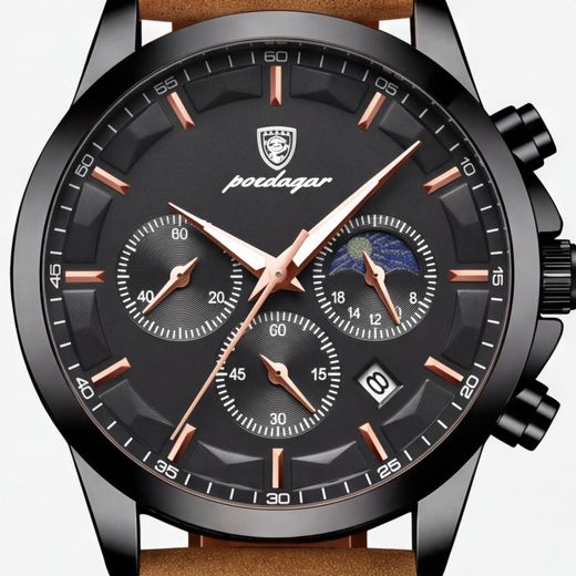 POEDAGAR Men Quartz Wrist Watch, Chronograph Moon Phase Luminous Watch, 30M Waterproof Leather Strap Business Casual Mens Watch With Date Display - image 3