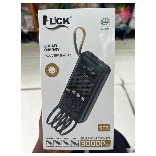 Flick 30000mAh Power Bank, Four In Built Cables with Solar Charge - With 3A Built in Type-C, iPhone ( Lightning), Android ( Micro ) & USB Cable, With a 5V Power Delivery Capacity Type C Input and Output port Enabled & Double USB Port