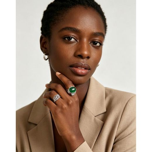 Fashion Stunning Elegant Green Jade Ring Adjustable Ring in Silver Filigree Design - image 2