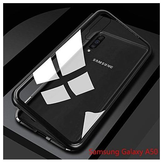 Samsung Galaxy A50 Metal Magnetic Adsorption Case Clear Tempered Glass Back Cover, Plus Fee A50 Tempered Glass