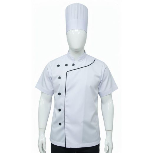 Fashion 3 in 1 Premium White Chef Uniform with Black Trim – Professional Kitchen Jacket (Polyester)