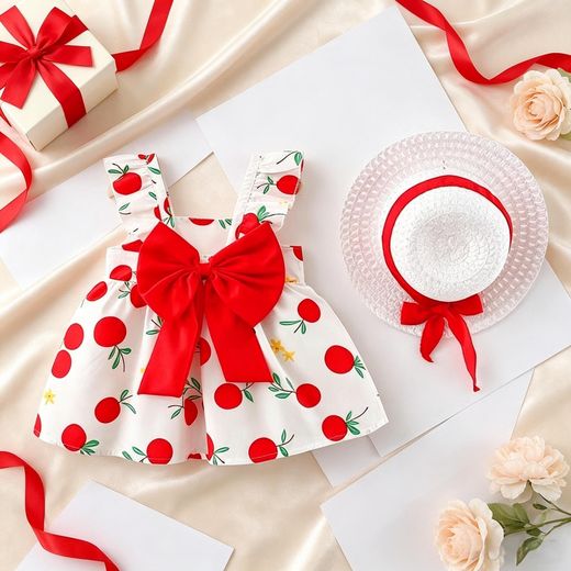 Fashion 0-4 year old girl's cherry dress+hat gift - image 3