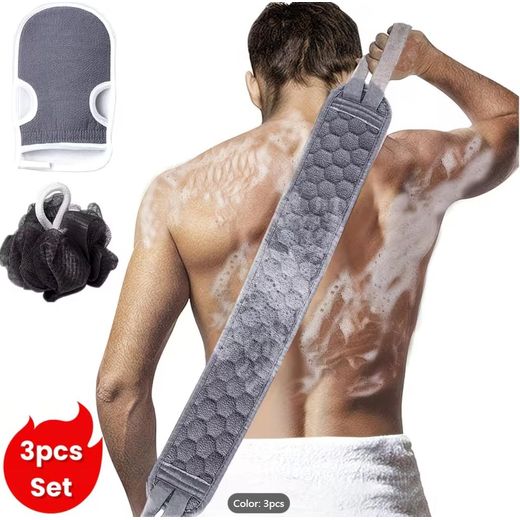 Generic 3-Piece Bath Exfoliating Set, Back Scrubber Strap, Scrub Glove & Bath Loofah, Grey - image 2