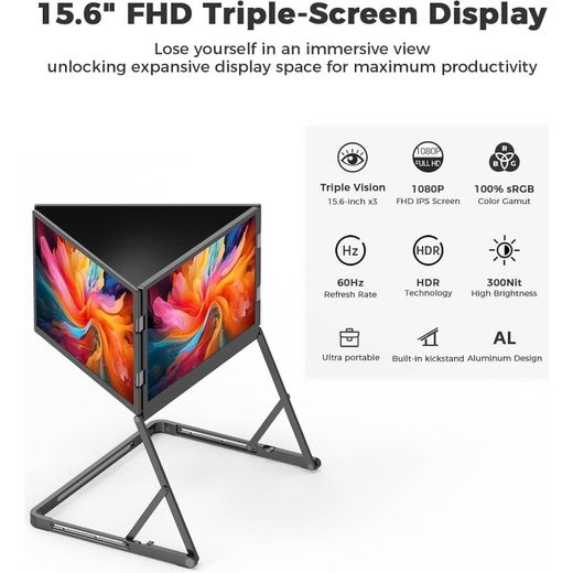 V2COM Q1 Quad Triple Laptop Monitor Extender 15.6" FHD 1080P IPS Portable Screen with HDR, 180° Rotation - image 3