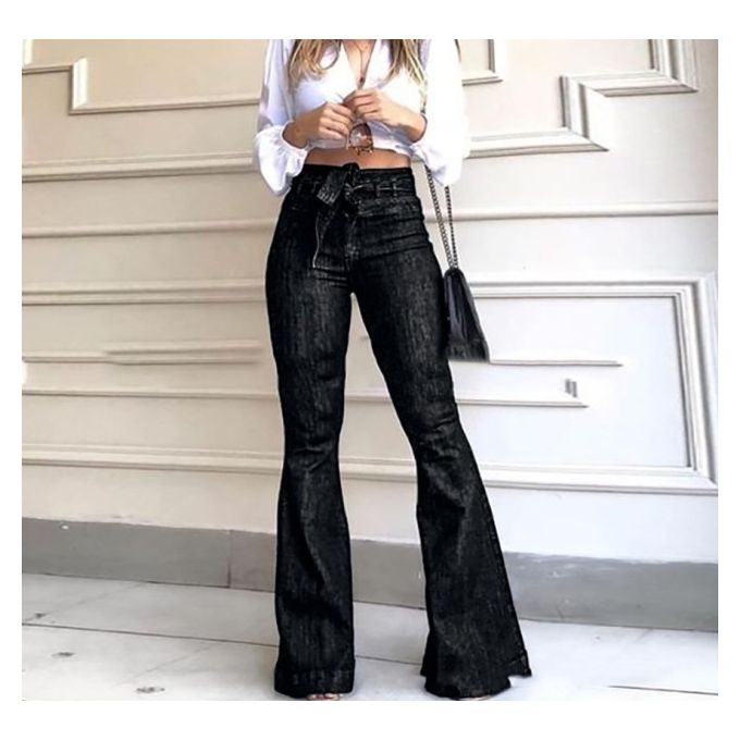 Fashion Women Denim Tie Waist Flare 
