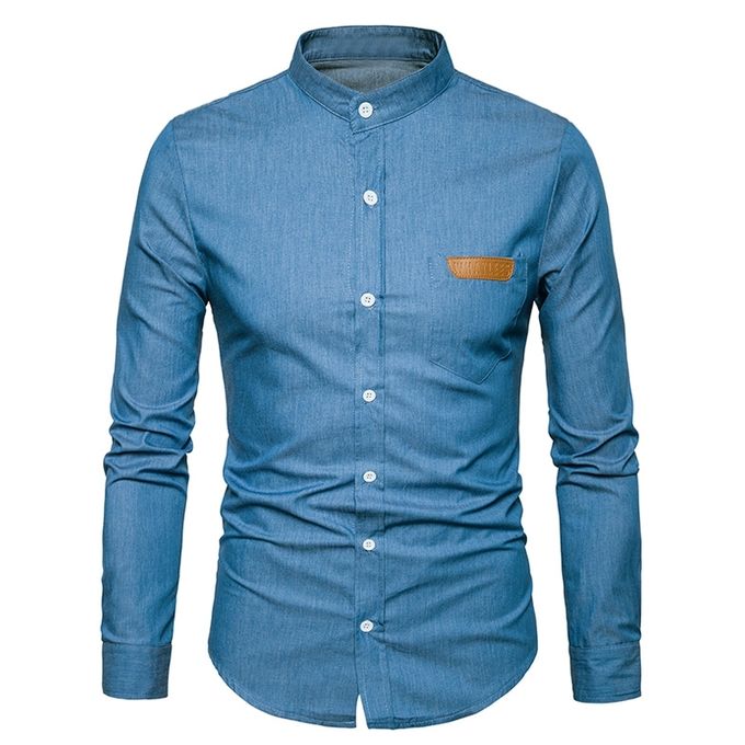 Fashion Bishop collar (PU Leather Edging Chambray) Shirt - DEEP BLUE ...