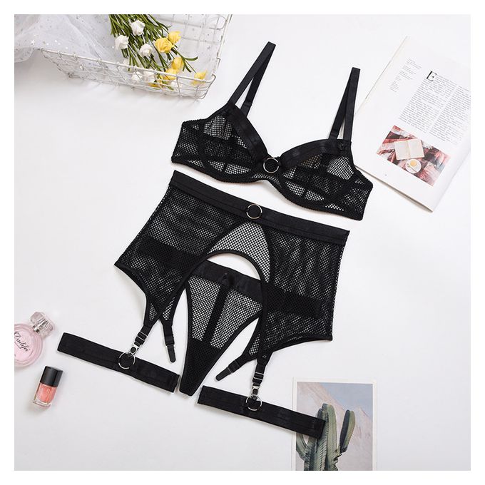 Fashion Erotic Lingerie Black Women Underwear Three Piece Mesh