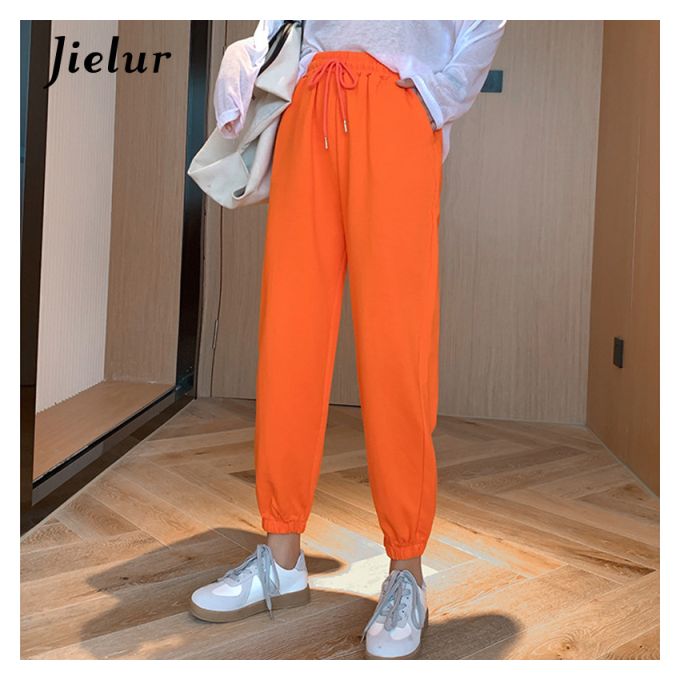 Jielur Candy Color Orange Pink Gray Sports Pants Female Street