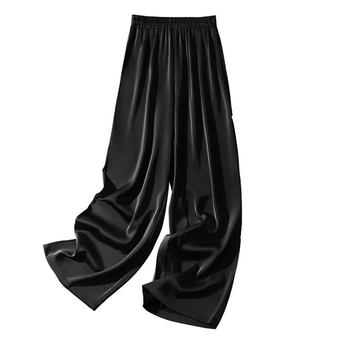 MCsons Black Satin Silk Loose Wide Leg Palazzo High Elastic Band Waist  Casual Comfy Pants