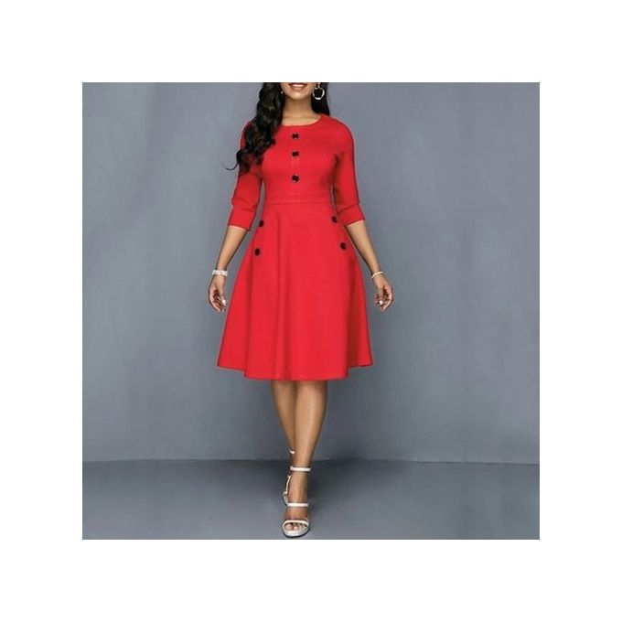 product_image_name-Fashion-Button Detail Skater Dress -Red-1