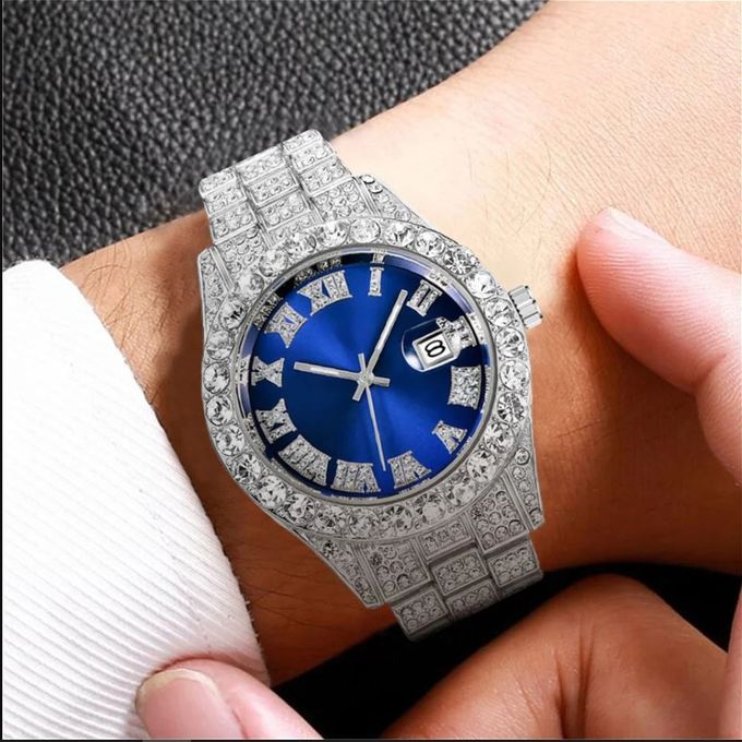 Fashion New Iced Out Luxury Silver Watch And Gold Cuban Bracelet