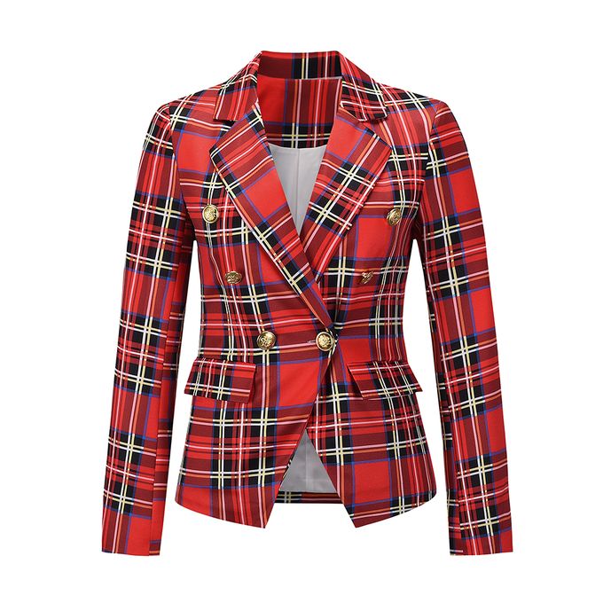 product_image_name-Fashion-Womens Plaid Single Breasted Jacket Suit Slim Work Office Blazer-Red-1