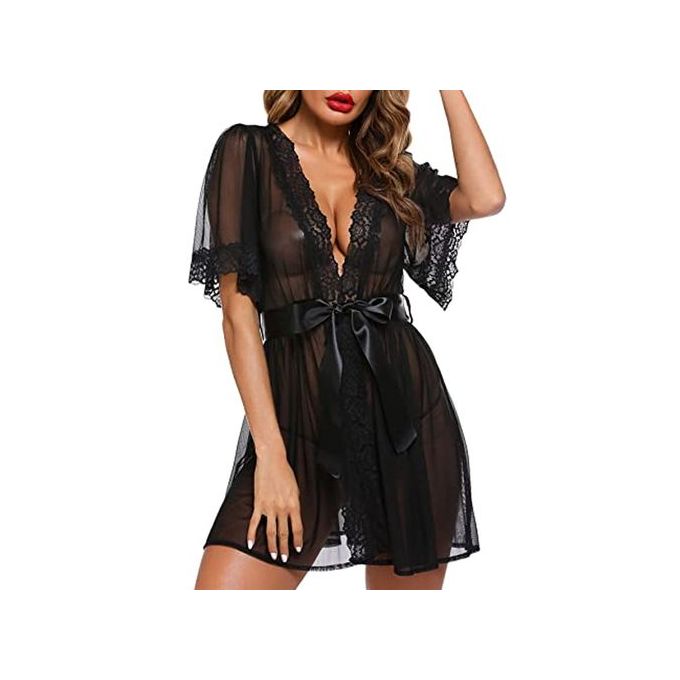 Fashion New Women Sexy Lingerie Solid Color Lace Sheer Deep V-Neck Short  Sleeves Night Robe + Thongs For Girlfriend Wife Sleepwear Black