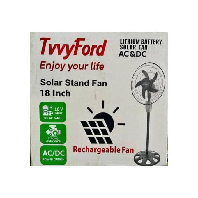 TvvyFord 18-inch Rechargeable Solar Stand Fan, a hybrid cooling solution that works with both electricity (AC) and battery/solar power (DC)