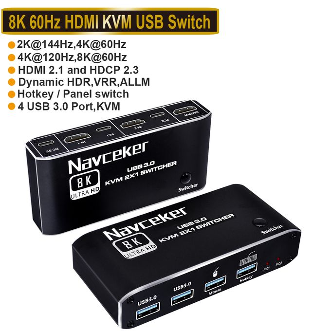 2 Port USB 3.0 KVM Switch Dual Monitor HDMI 2.1 8K@60Hz 4K@144Hz for 2