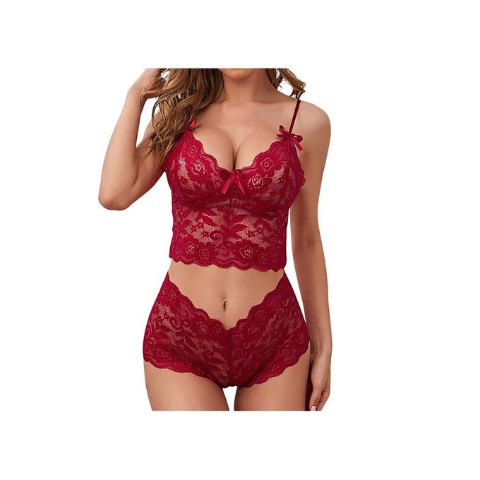 Generic Sexy Sheer Lingerie Underwear Set Women Transparent Lace Bra Set  Vest Camisole Crop Panties Outfits Shorts Sleepwear(#red)