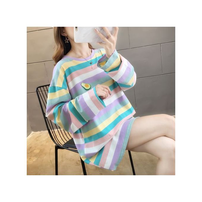 Rainbow T Shirt Women Striped Kawaii Clothes Harajuku Korean Style  Streetwear Aesthetic Long Sleeve Fall Roupas Feminina O Neck