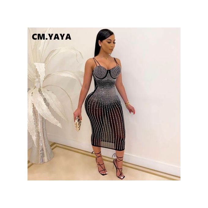 Fashion CM.YAYA Mesh See Though Hot Rhinestones Plunging V-neck Midi  Bodycon Dress For Women Sexy Club Party Dresses Pencil Vestidos Apricot