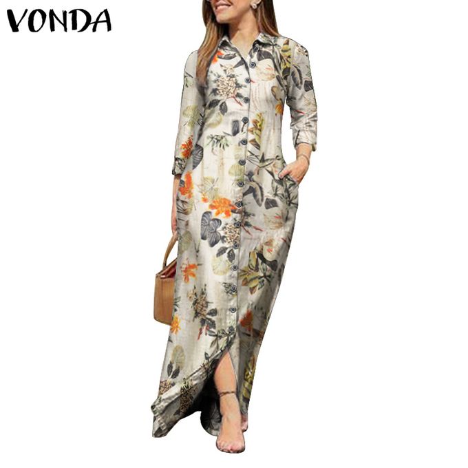 product_image_name-Fashion-Autumn Maxi Sundress VONDA Women Casual Button Up Turn-down Collar Dresses Elegant Long Sundress Oversize Bohemian Vestidos Style 4 Yellow-1